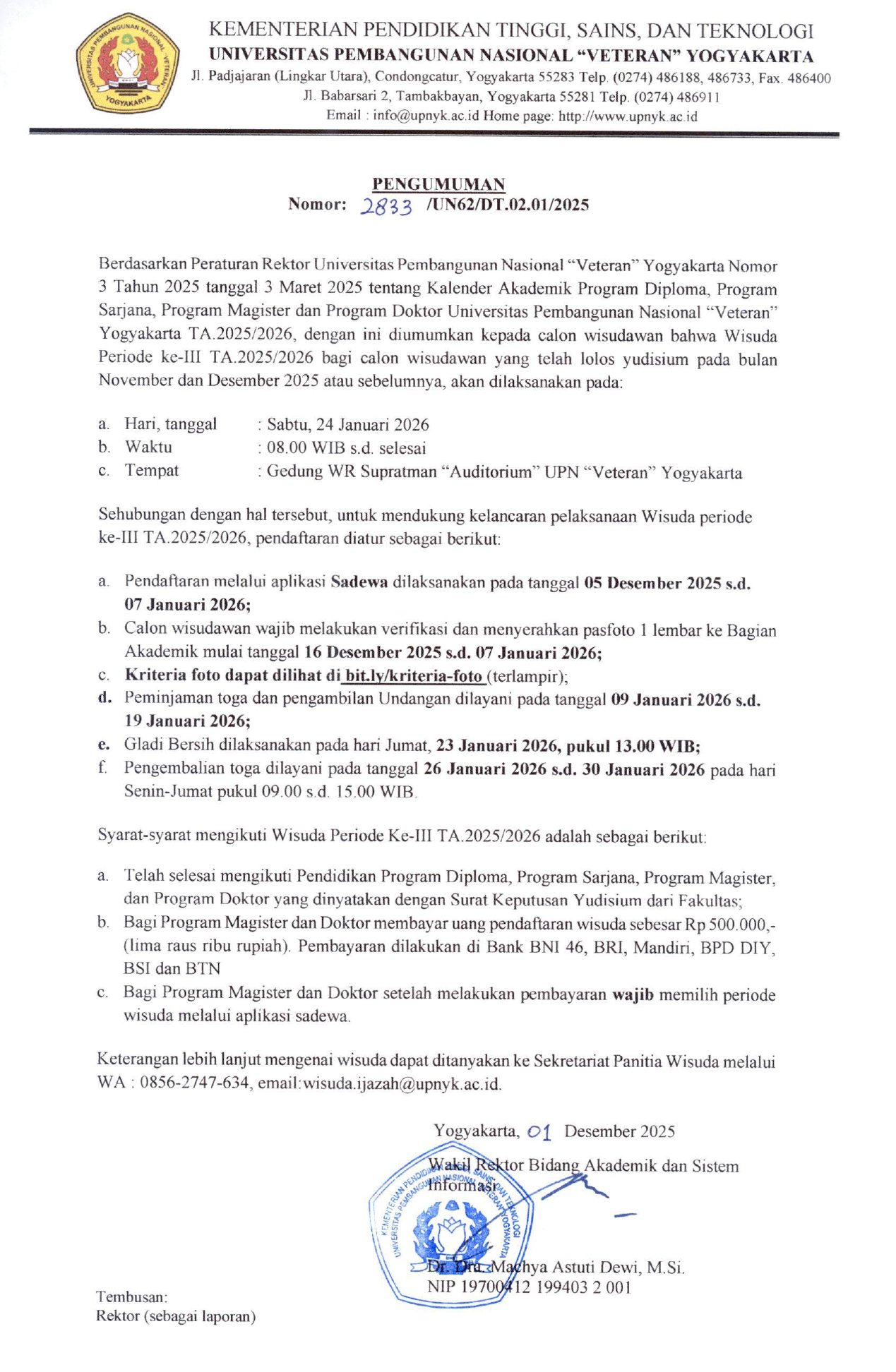 PENGUMUMAN Pelaksanaan Wisuda Periode III (24 Januari 2026)