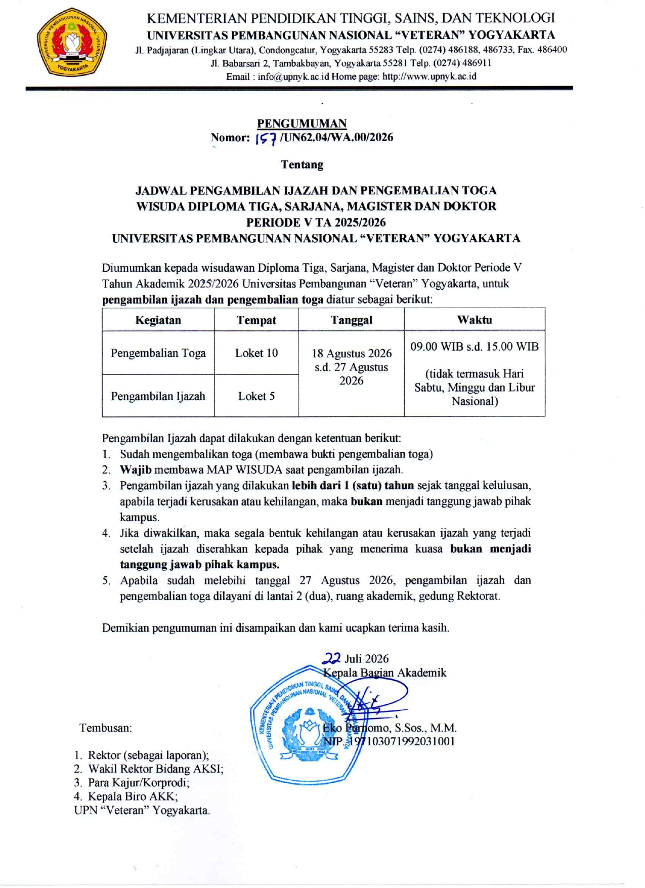 Pengumuman Pengambilan Ijazah dan Pengembalian Toga Wisuda Periode V (25 Juli 2026)