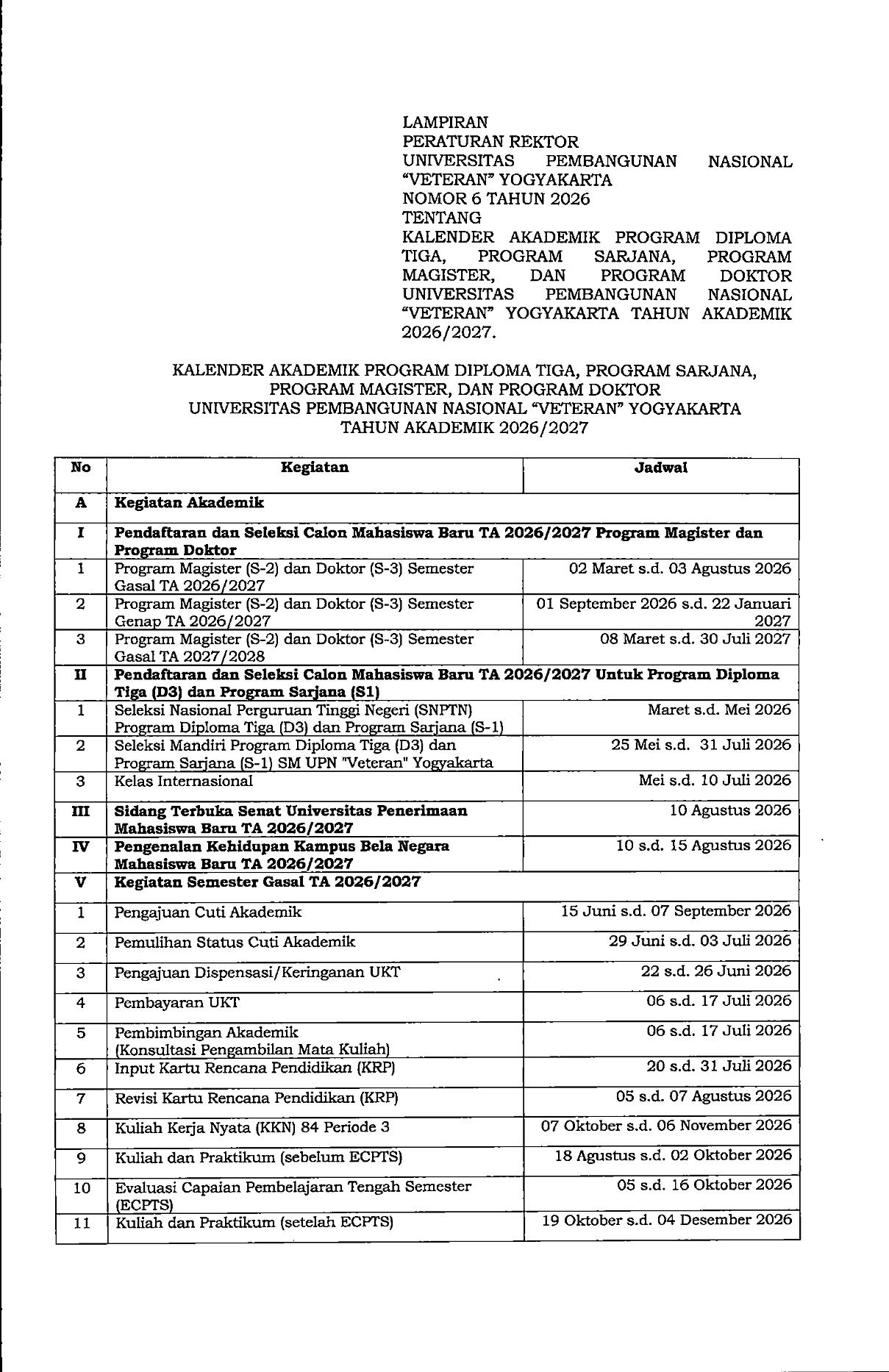 Kalender Akademik UPN "Veteran" Yogyakarta Tahun 2026-1