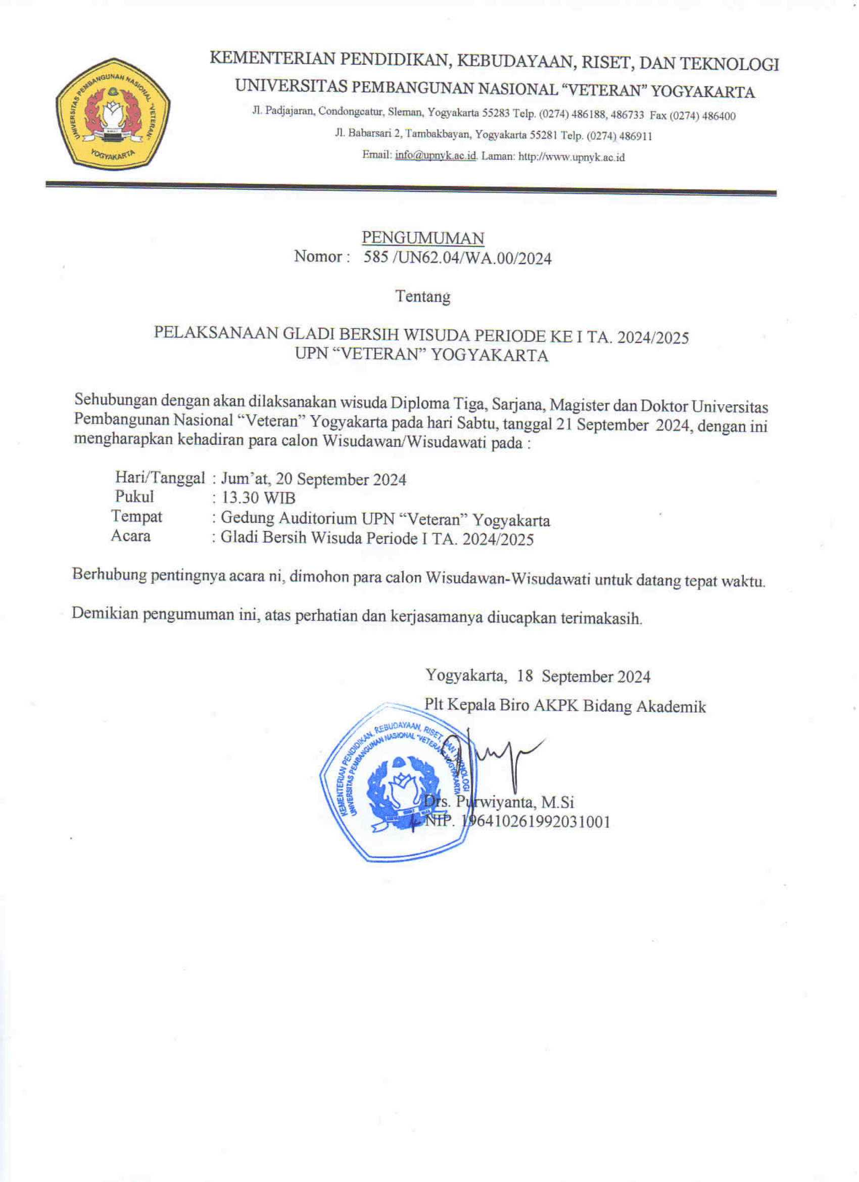 Gladi Bersih Wisuda Periode I(21 September 2024)