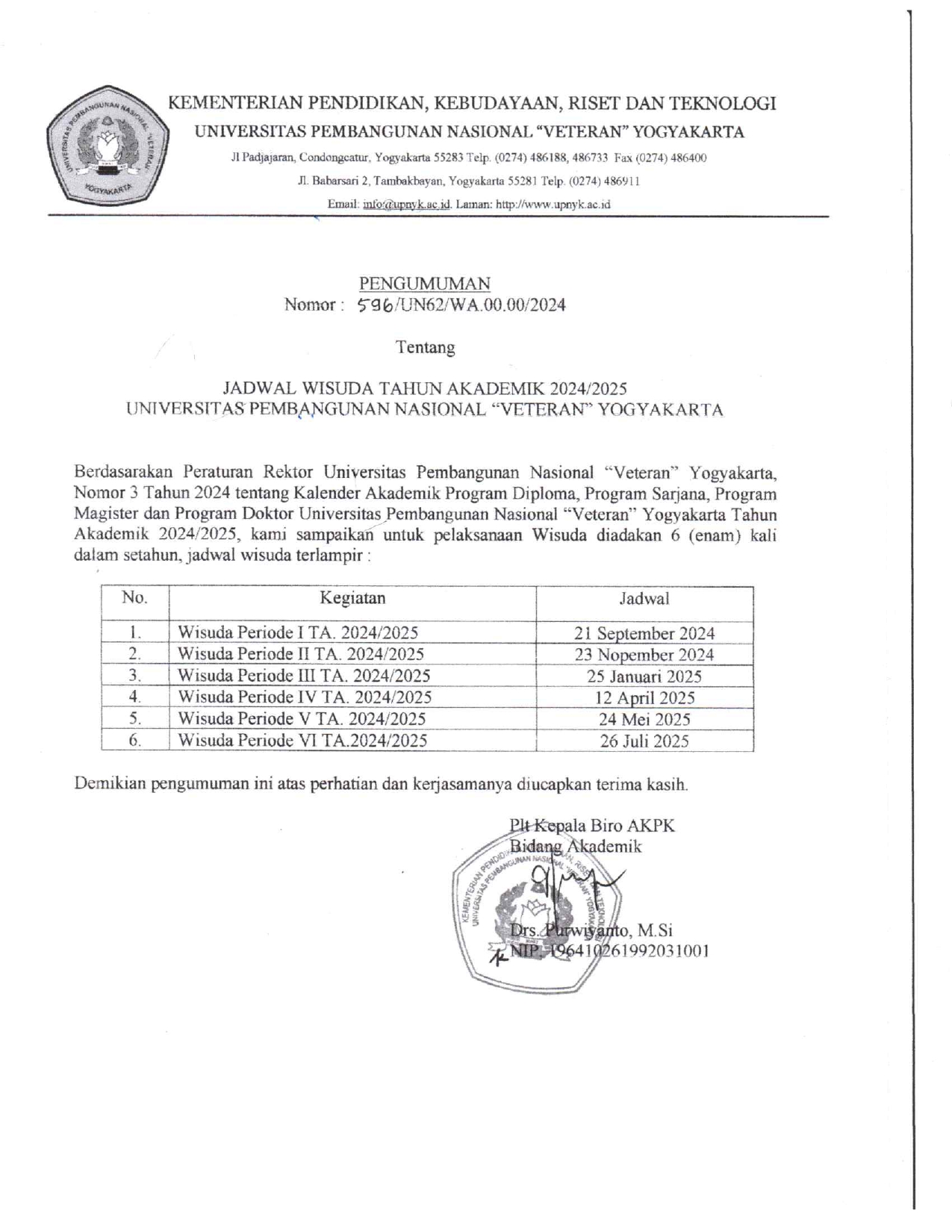 Jadwal Wisuda Tahun Akademik 2024/2025