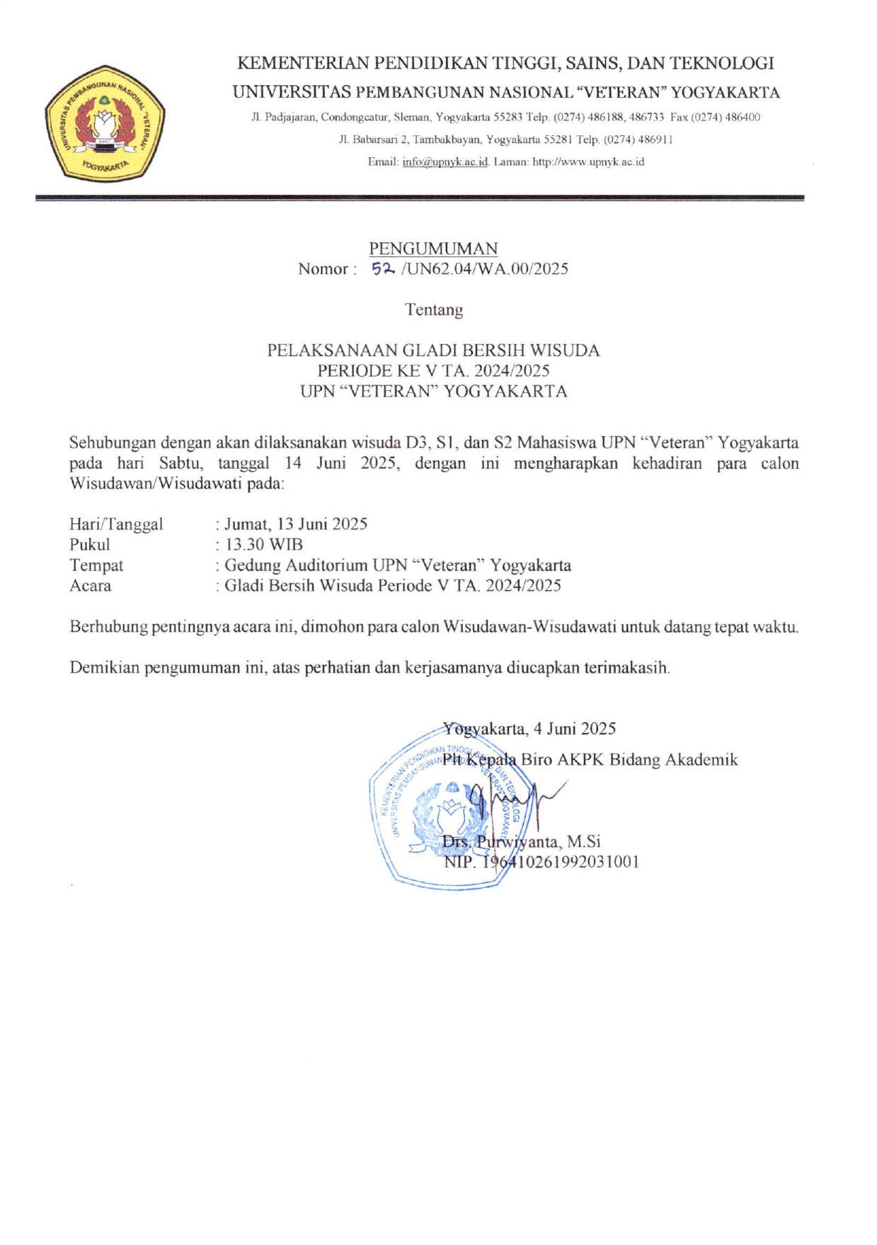 Pengumuman Gladi Bersih Wisuda Periode V