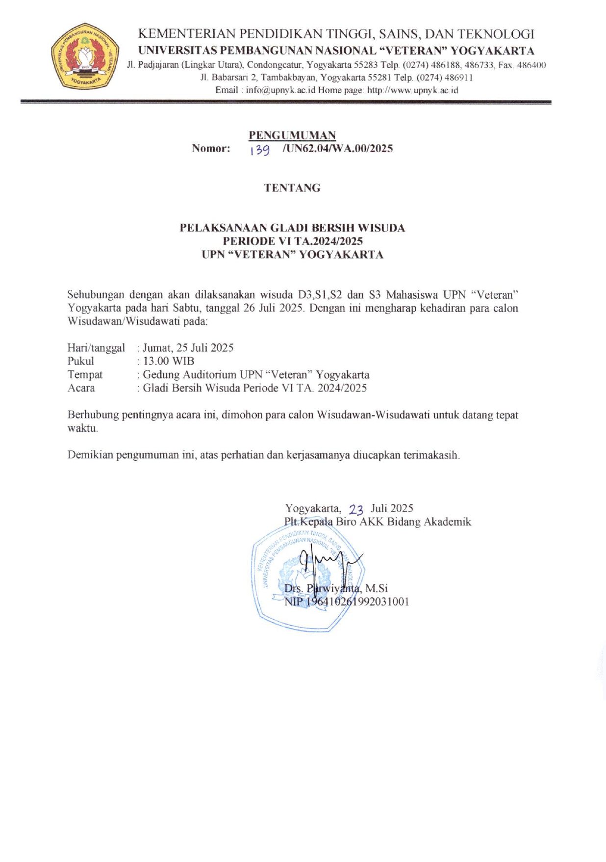 PENGUMUMAN GLADI BERSIH PERIODE VI (26 JULI 2025)