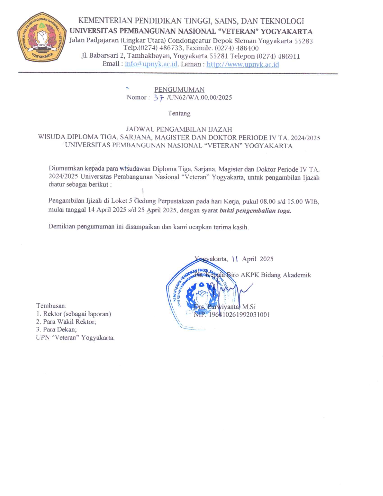 Pengumuman Pengambilan Ijazah Wisuda Periode IV - 12 April 2025