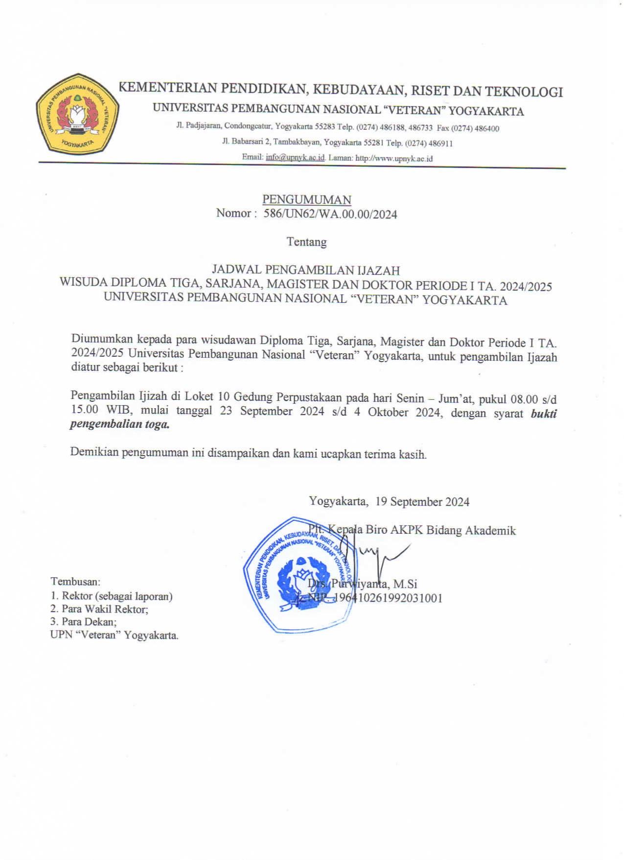 Pengumuman Pengambilan Ijazah Wisudawan/i Periode I (tanggal 21 September 2024)