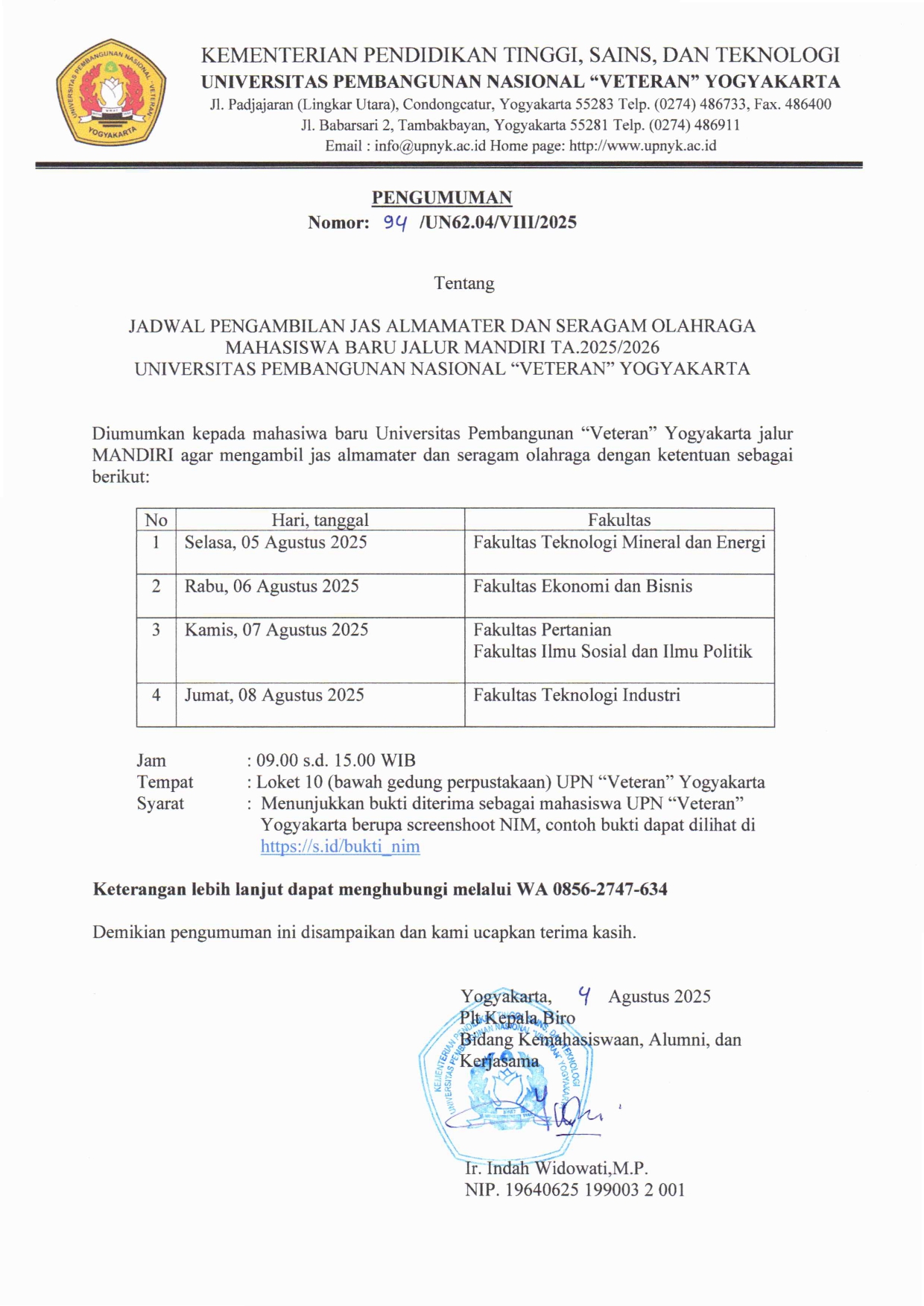 PENGUMUMAN PENGAMBILAN JAS ALMAMATER DAN SERAGAM OLAHRAGA JALUR MANDIRI TAHUN 2025