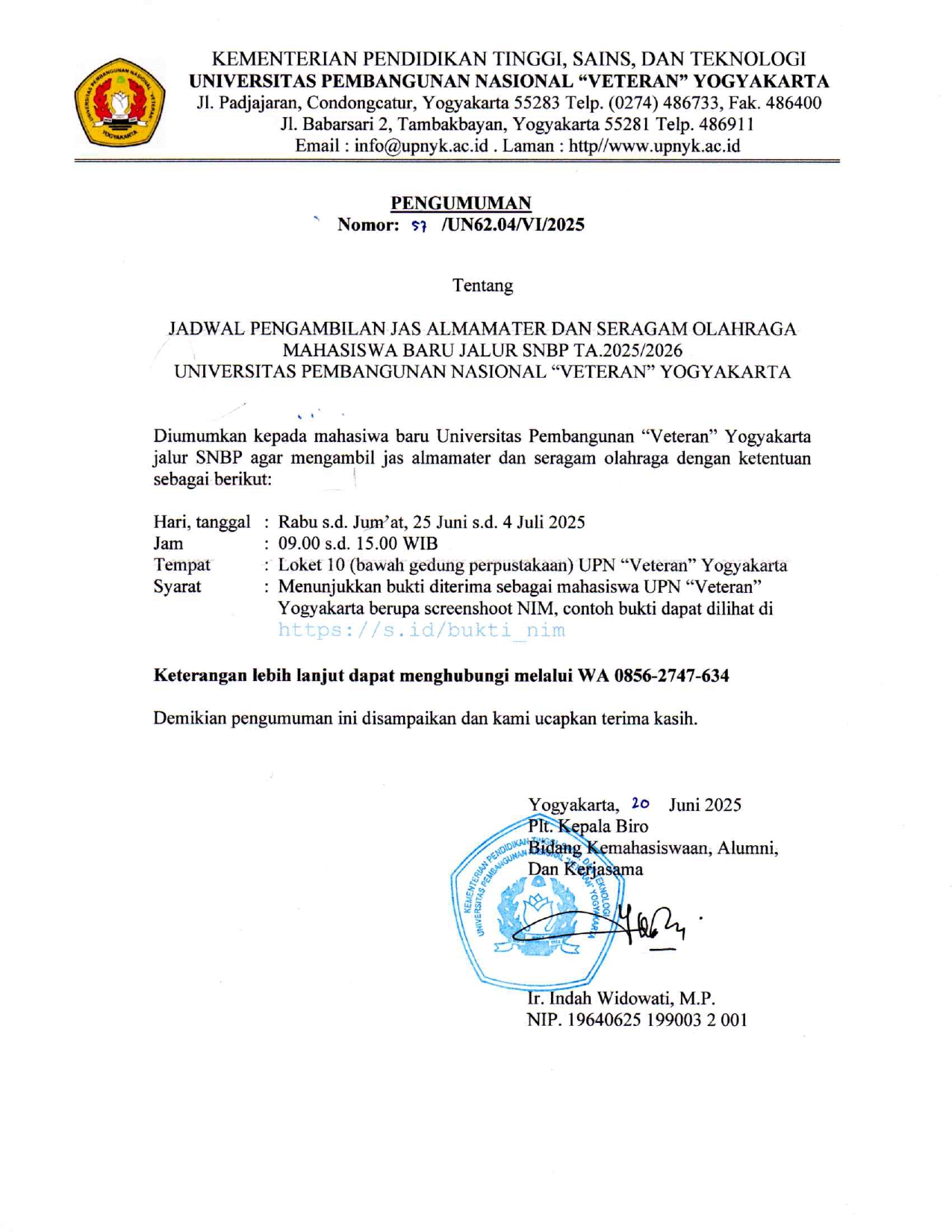 Pengumuman Pengambilan Jas Almamater dan Seragam Olahraga Mahasiswa Baru Jalur SNBP Tahun 2025