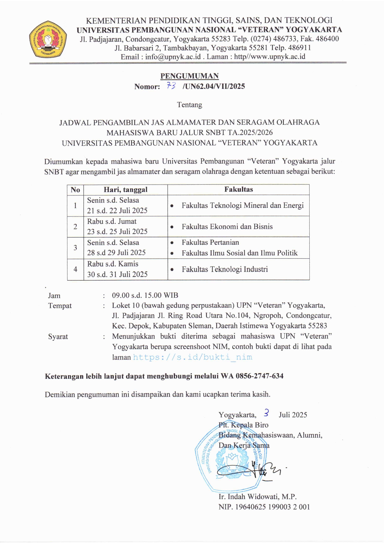 Pengumuman Pengambilan Jas Almamater dan Seragam Olahraga Mahasiswa Baru Jalur SNBT Tahun 2025