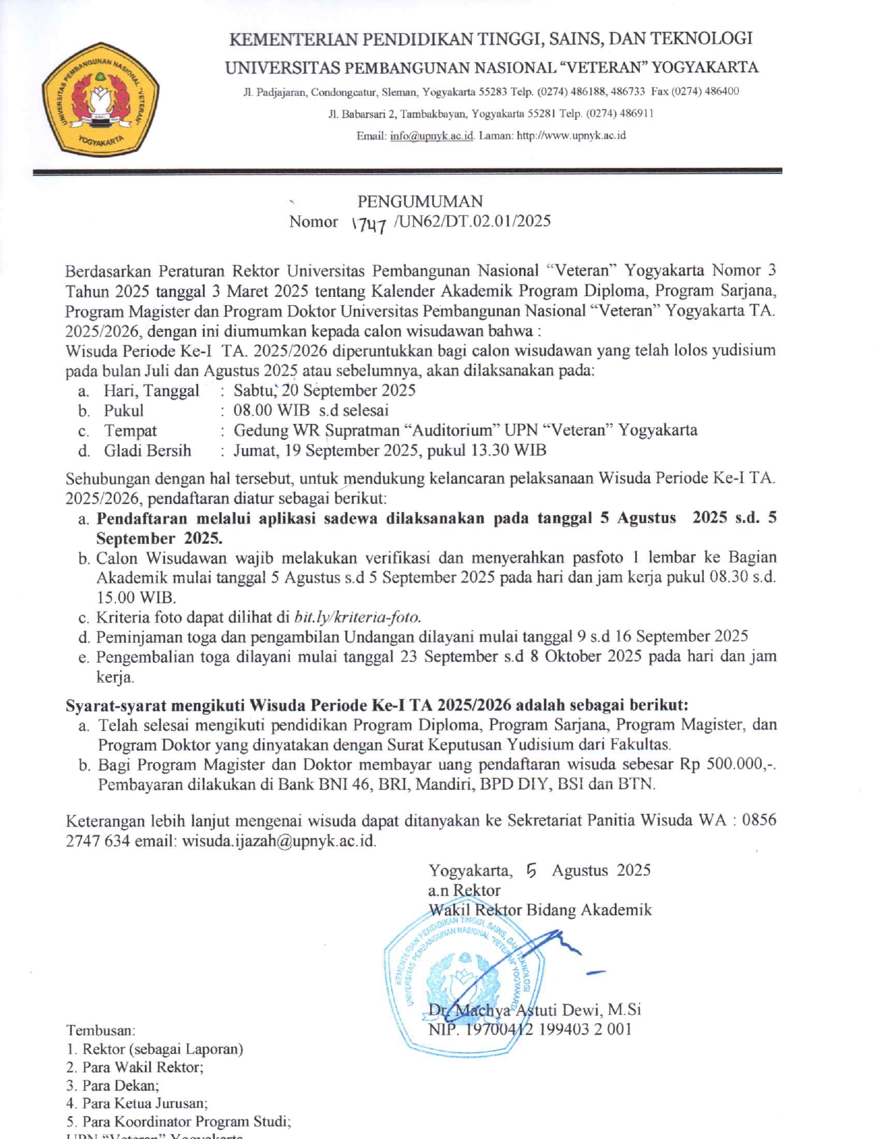 PENGUMUMAN WISUDA PERIODE I TA.2025/2026 (20 SEPTEMBER 2025)