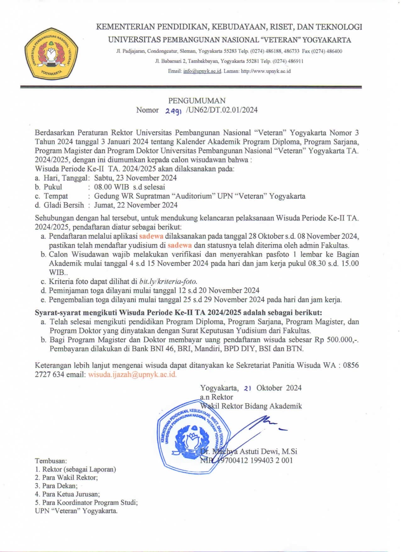 Pengumuman Wisuda Periode II (tanggal  23 November 2024) 