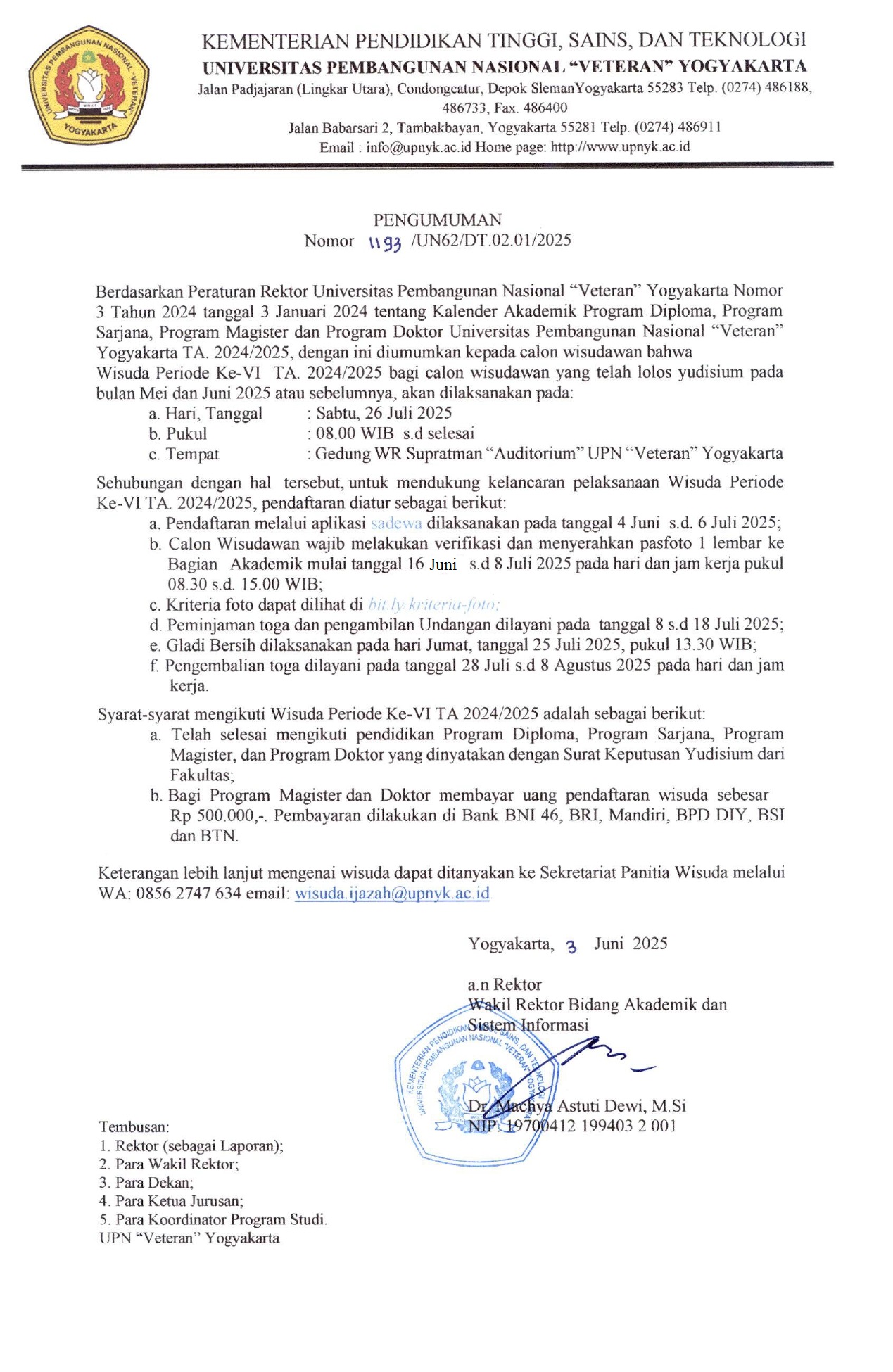 PENGUMUMAN WISUDA PERIODE  VI - 26 Juli 2025