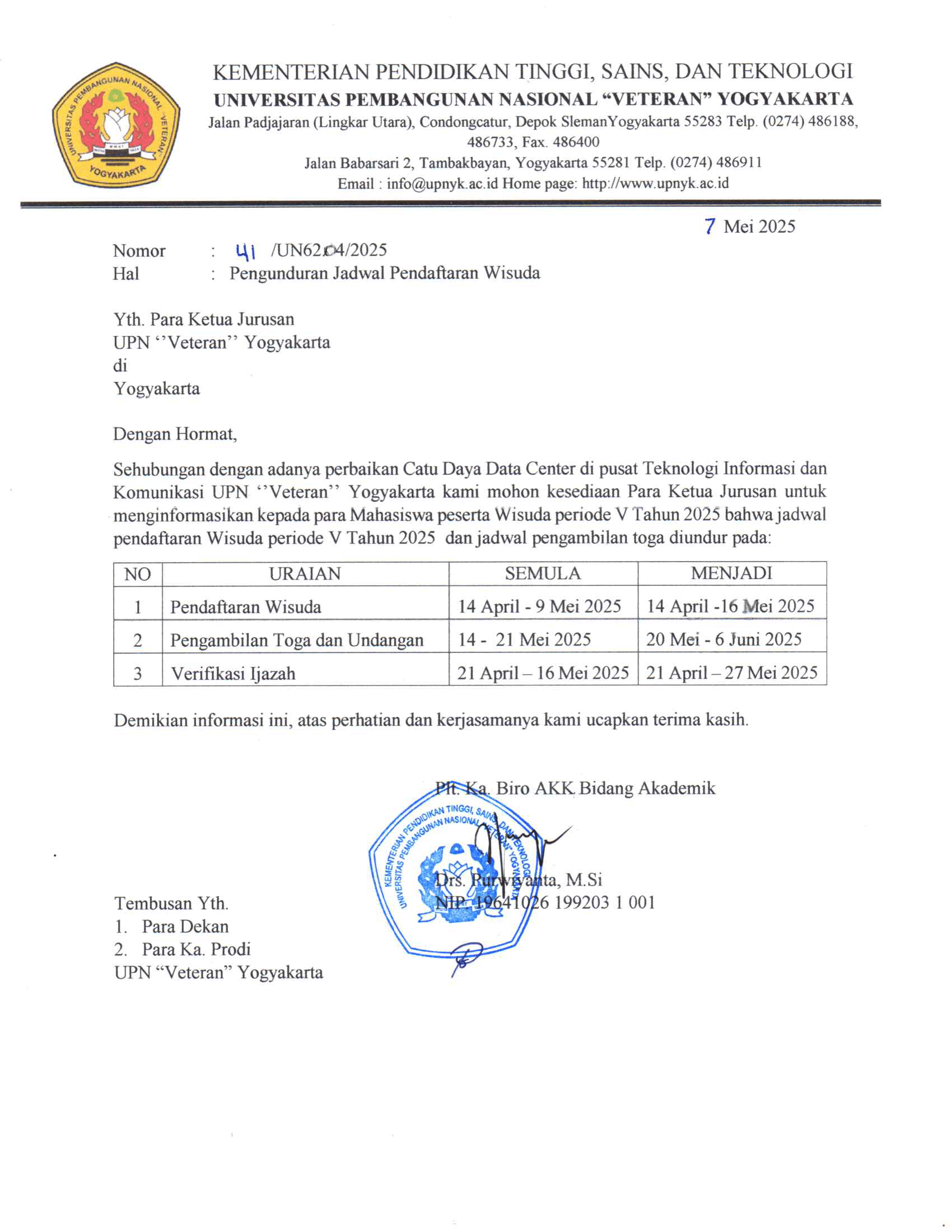 PENGUNDURAN TANGGAL VERIFIKASI WISUDA PERIODE V (14 JUNI 2025)