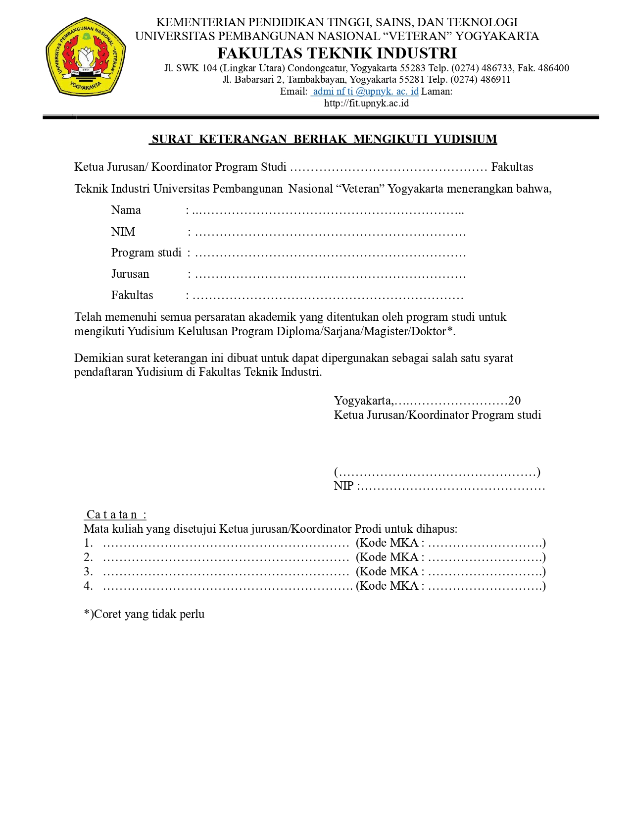 Surat Keterangan Berhak Mengikuti Yudisium FTI (Kemdiktisaintek)
