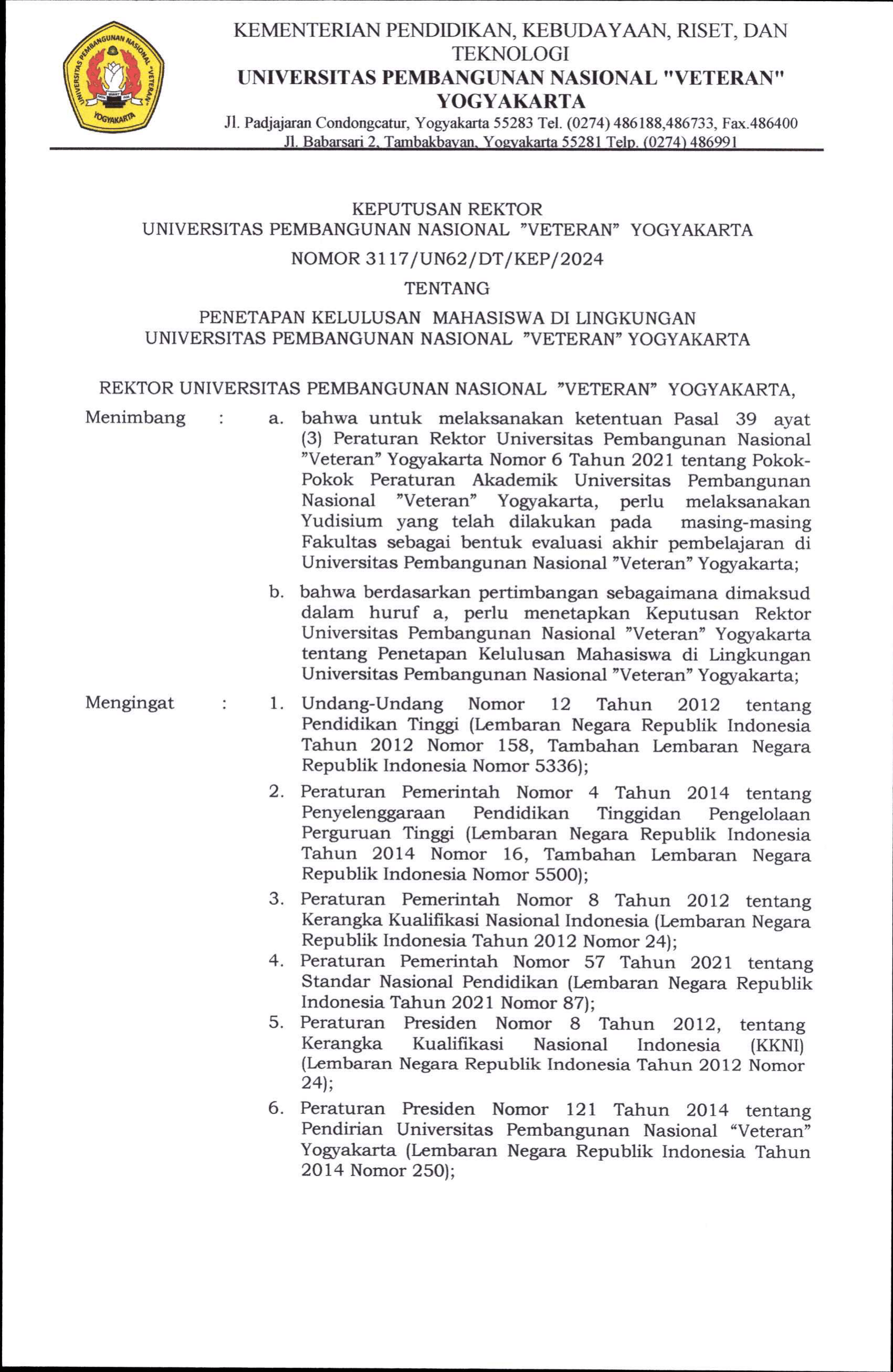 Penetapan kelulusan Mahasiswa di Lingkungan UPNVY-1